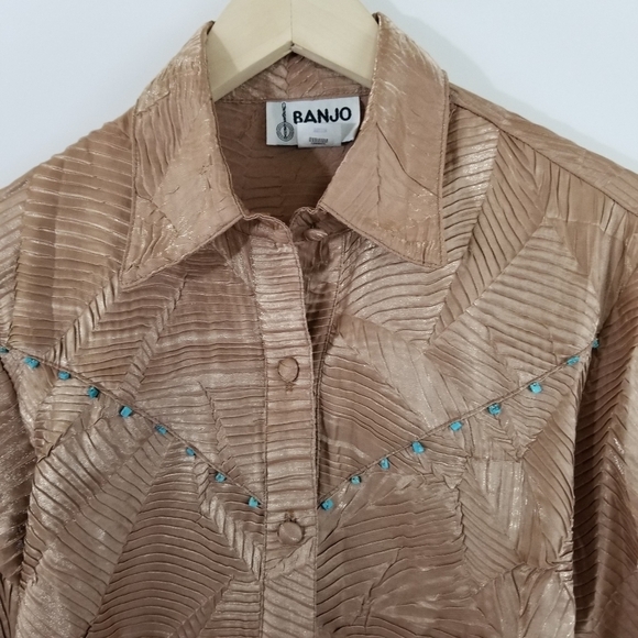 Vintage BANJO Women's Western Button-Up Shirt Sz M Tan Textured Coastal Cowgirl - Picture 3 of 8